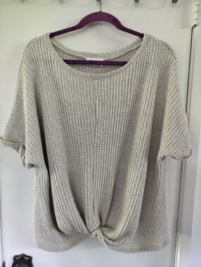 Korye Short-sleeve pullover Open Knit sweater Front Knot Hem Oatmeal Size 1x